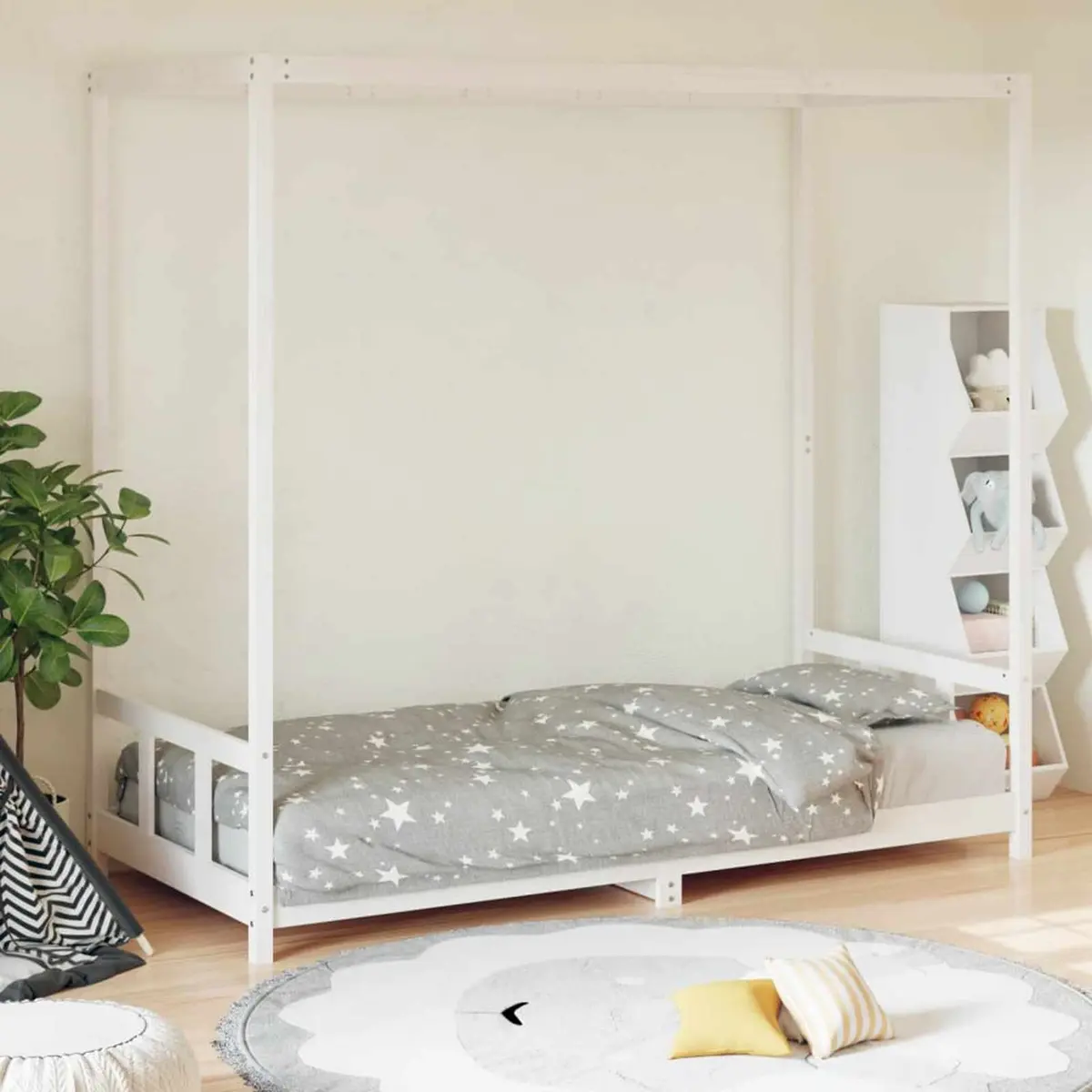 Kids Bed Frame White 90x190 cm Solid Wood Pine Canopy Toddler Single Bed