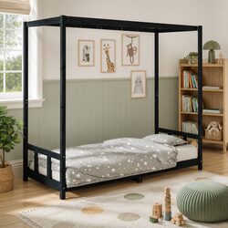 Stylish Black Kids Bed Frame 90x190 cm with Canopy