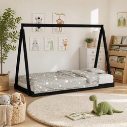 Kids Bed Frame 90x190cm Solid Wood Pine Toddler Tipi Design Black Single Bed