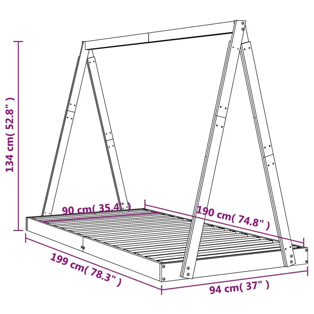 Kids Bed Frame 90x190cm Solid Wood Pine Toddler Tipi Design Black Single Bed