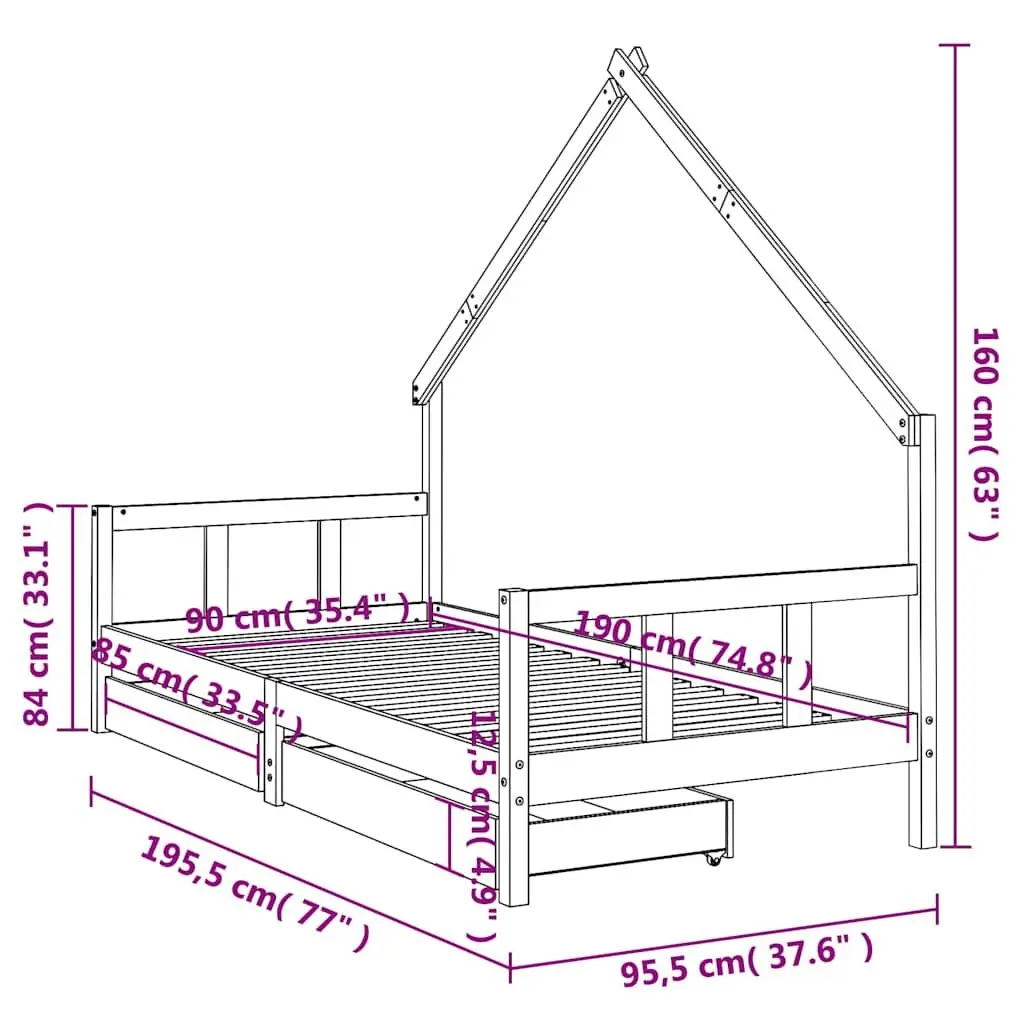 Kids Bed Frame with Storage Drawers 90x190 cm Solid Pine Wood Toddler