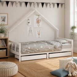 Sturdy Kids Bed Frame with Storage Drawers in White