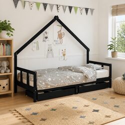 Kids Bed Frame with Storage Drawers: House Design 90x190 cm