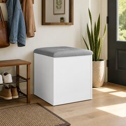 Compact White Storage Bench with Padded Seat