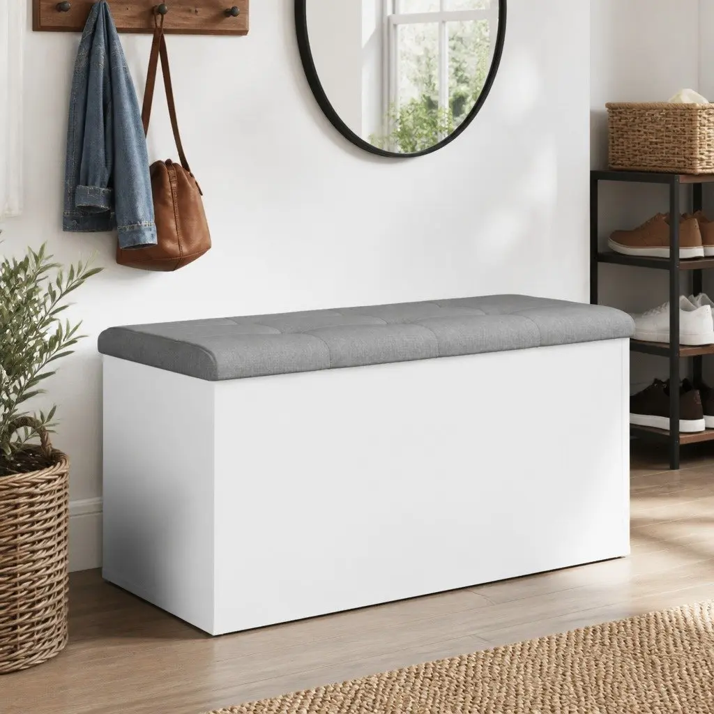 White Storage Bench with Padded Seat 82x42x45 cm for Entryway Hallway or Living Room with Hinged Lid and Engineered Wood Construction