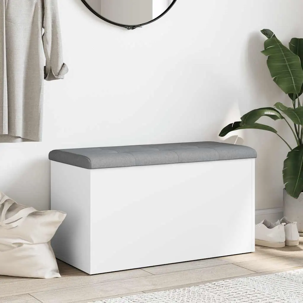 White Storage Bench with Padded Seat 82x42x45 cm for Entryway Hallway or Living Room with Hinged Lid and Engineered Wood Construction