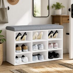 Compact White Shoe Bench with Cushion and Storage