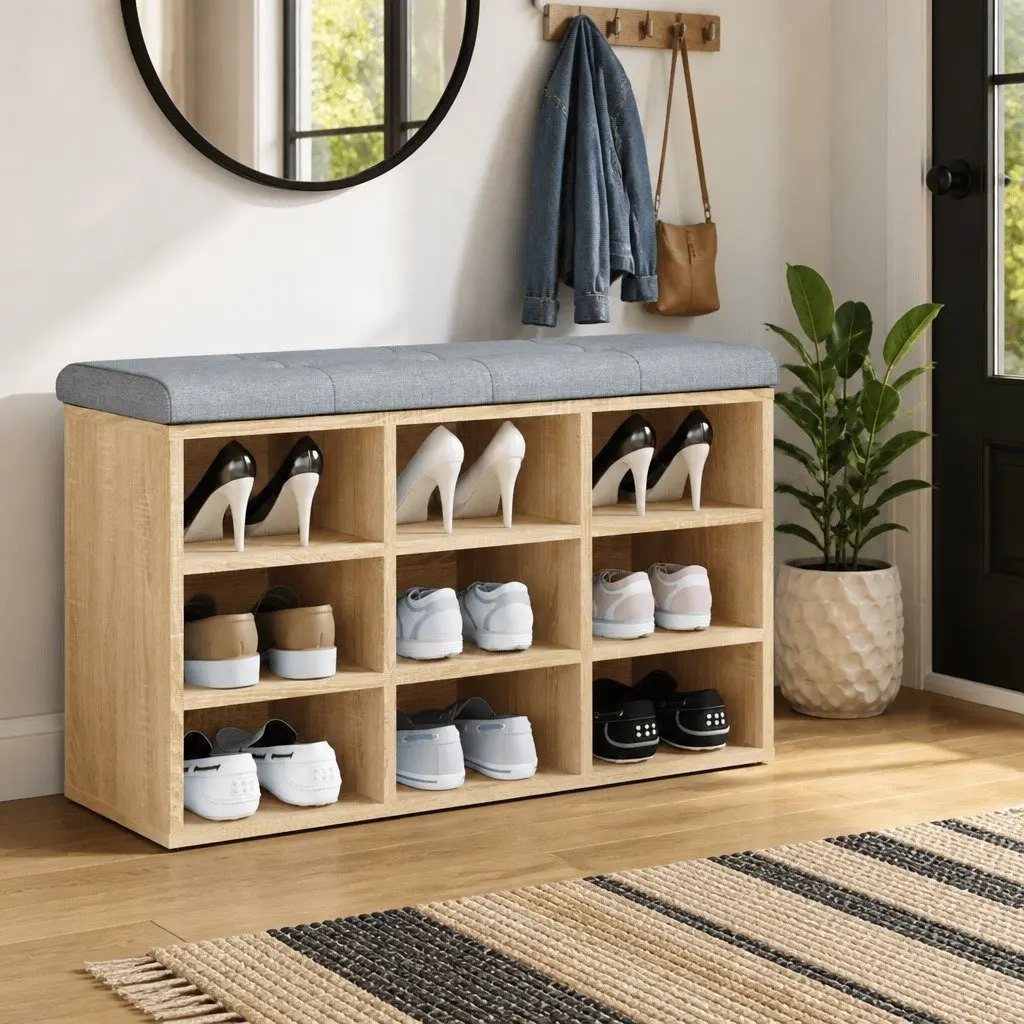 Shoe Bench Brown Engineered Wood Padded Seat Storage for Entryway Hallway 82x32x50cm