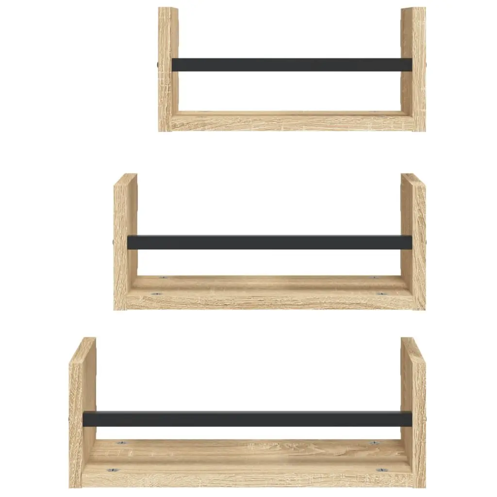 Wall Shelf Set Brown 3 Piece Floating Shelves with Steel Bars