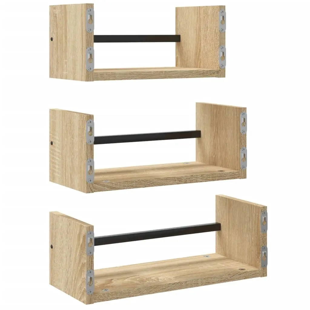 Wall Shelf Set Brown 3 Piece Floating Shelves with Steel Bars