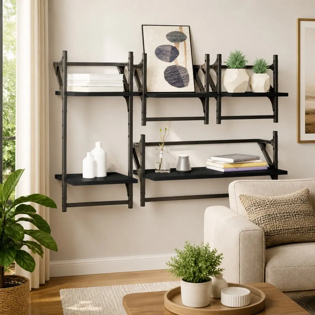 Wall Shelf Set Black 4 Piece Floating Shelves with Bars
