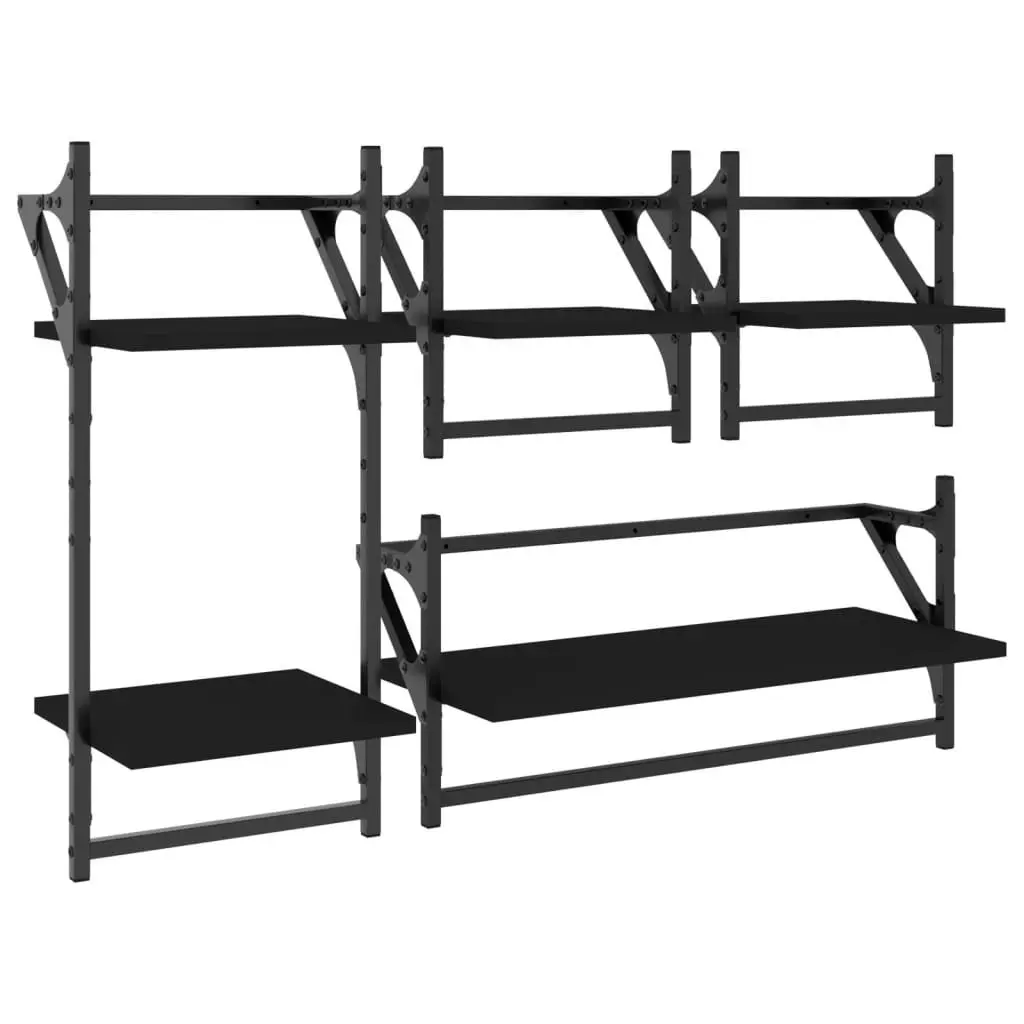 Wall Shelf Set Black 4 Piece Floating Shelves with Bars