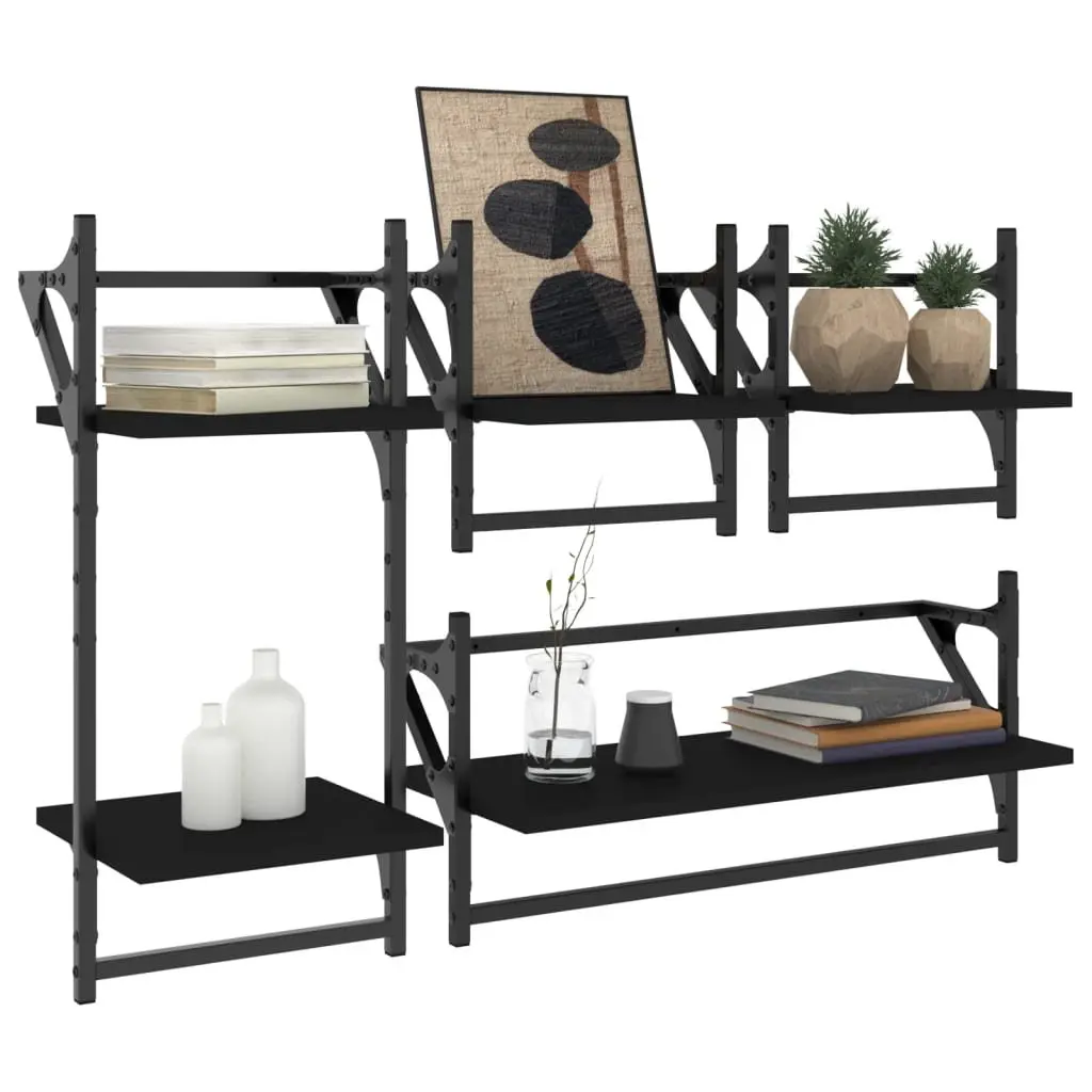 Wall Shelf Set Black 4 Piece Floating Shelves with Bars