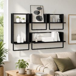 Wall Shelf Set 4 Piece Floating Display Shelves with Bars Black Storage