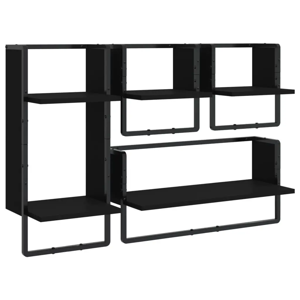 Wall Shelf Set Black 4 Piece Floating Display Shelves with Bars