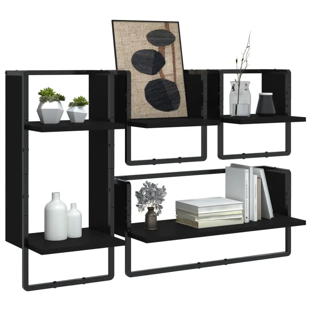 Wall Shelf Set Black 4 Piece Floating Display Shelves with Bars
