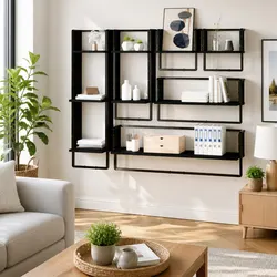 Concise 6-Piece Wall Shelf Set in Black with Bars