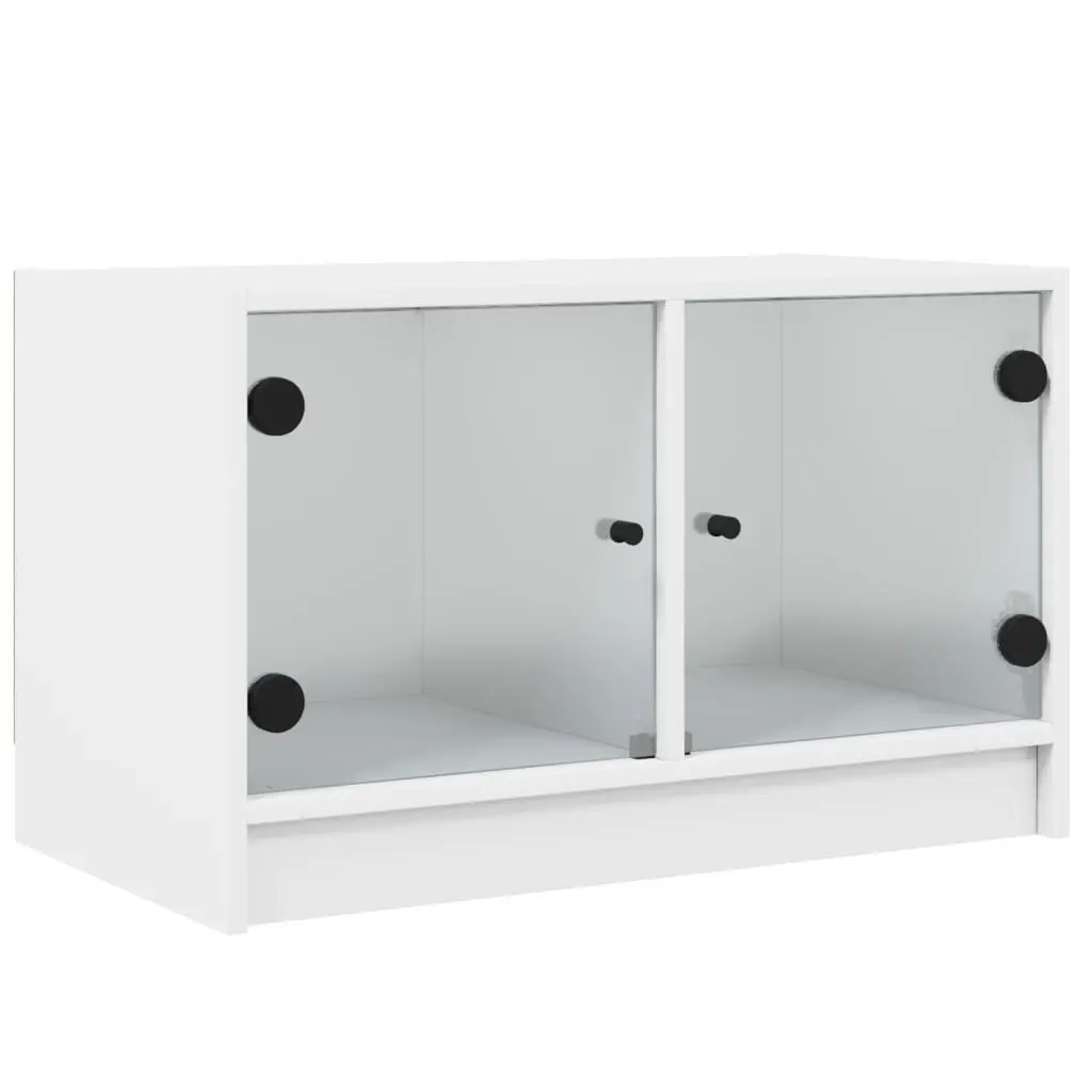 TV Cabinet White Storage Unit with Glass Doors Engineered Wood Media Stand