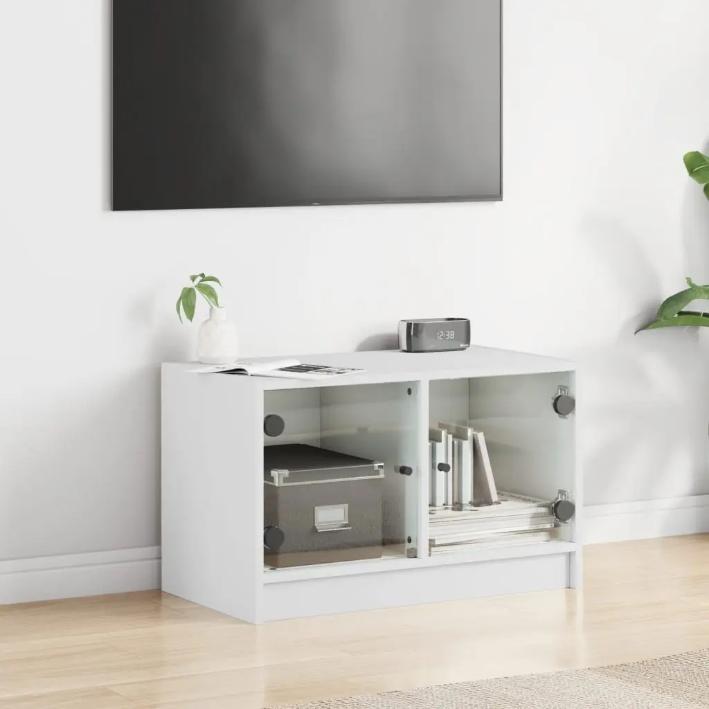 TV Cabinet White Storage Unit with Glass Doors Engineered Wood Media Stand