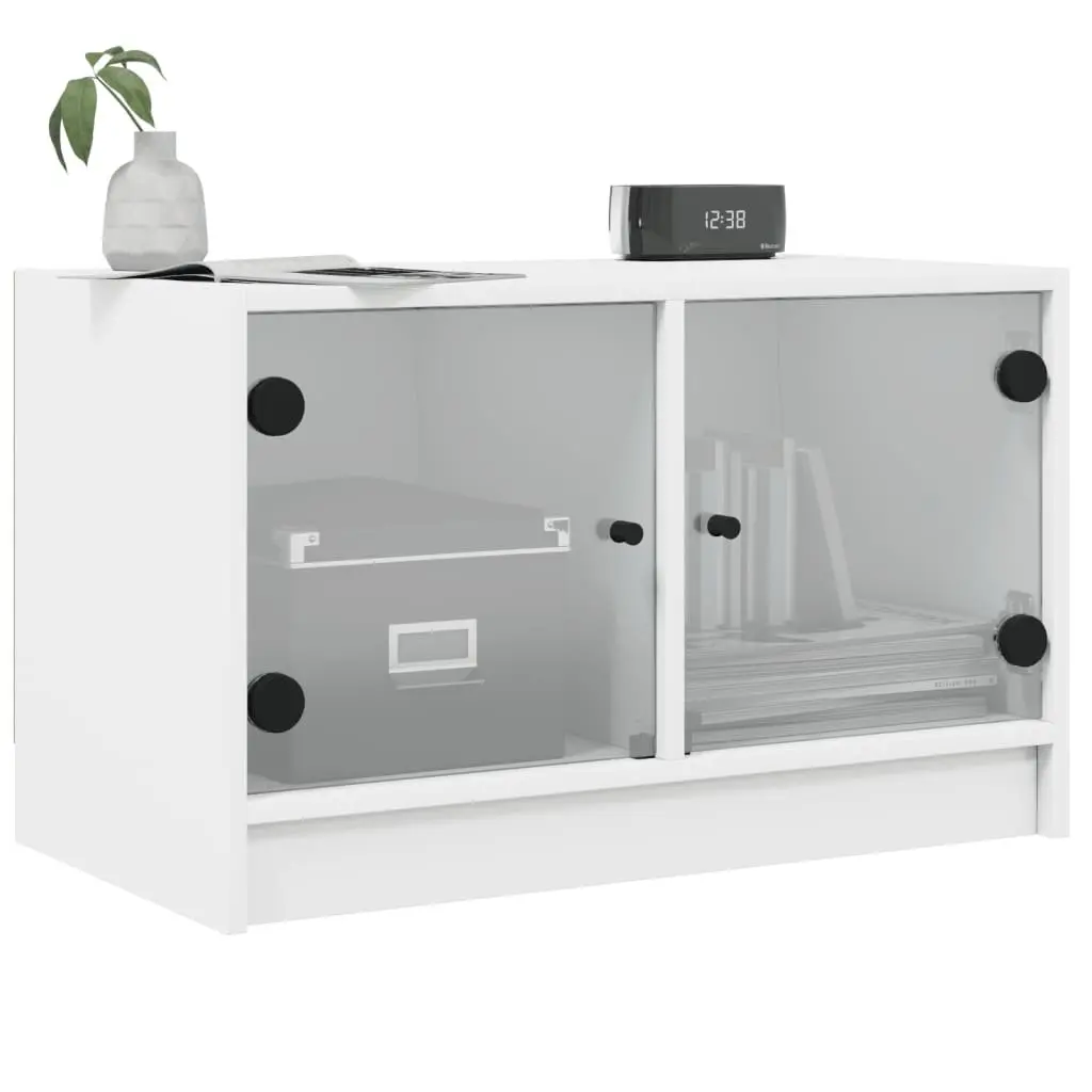 TV Cabinet White Storage Unit with Glass Doors Engineered Wood Media Stand