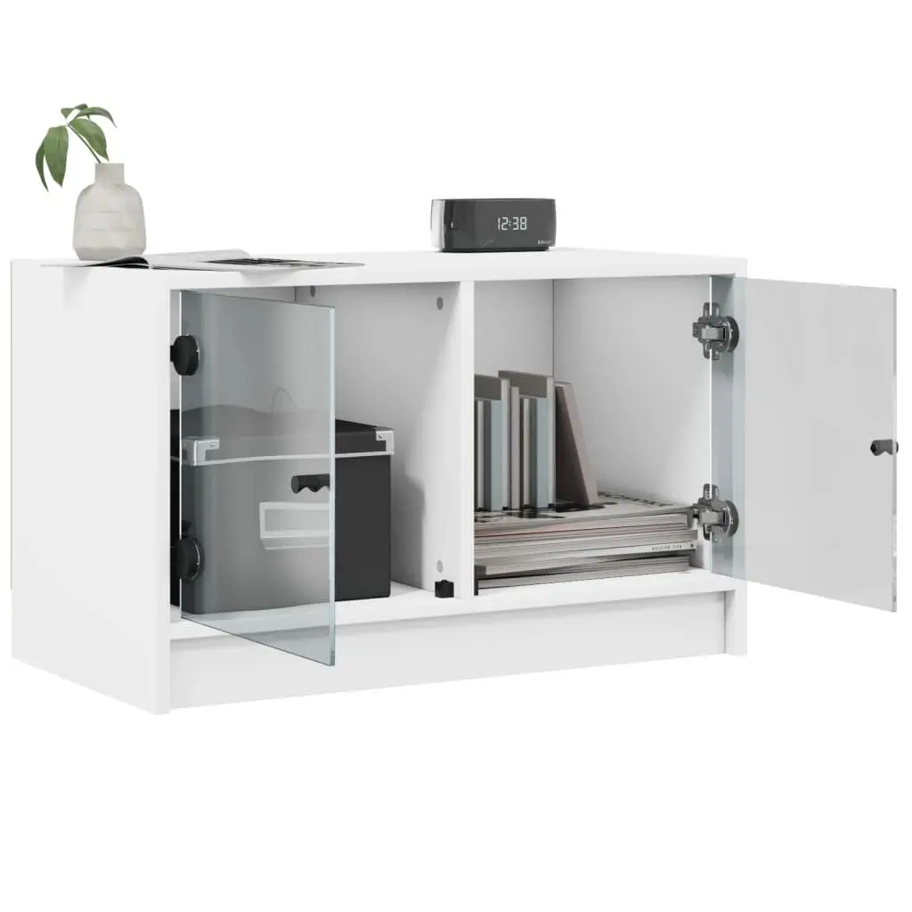 TV Cabinet White Storage Unit with Glass Doors Engineered Wood Media Stand