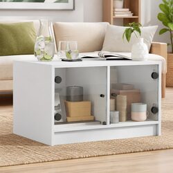 Compact and Modern White Coffee Table with Glass Doors 68x50x42cm