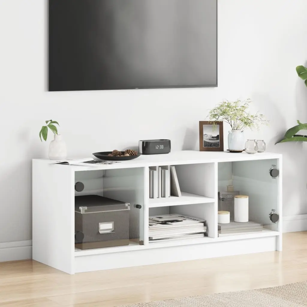 TV Cabinet White 102x37x42 cm Glass Doors Media Storage Unit