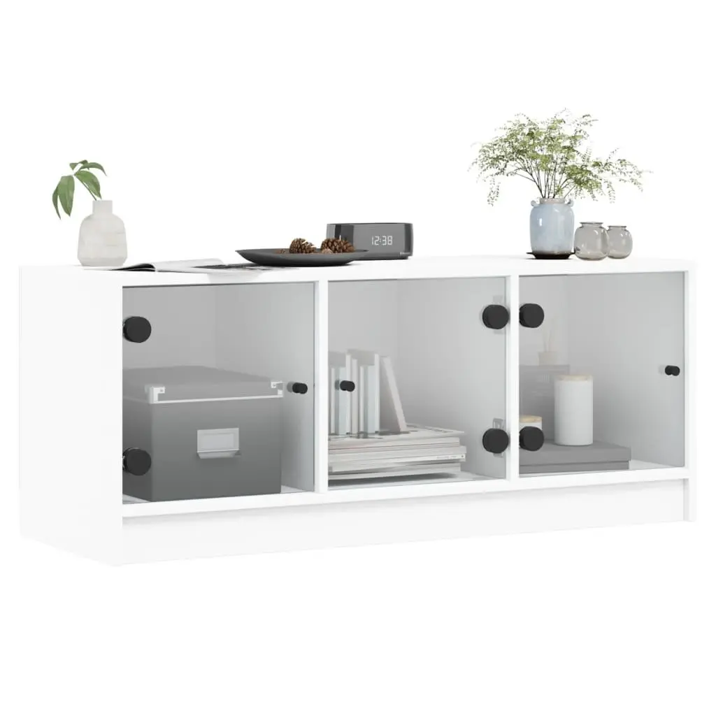 TV Cabinet White 102x37x42cm Glass Doors Storage Unit Media Stand