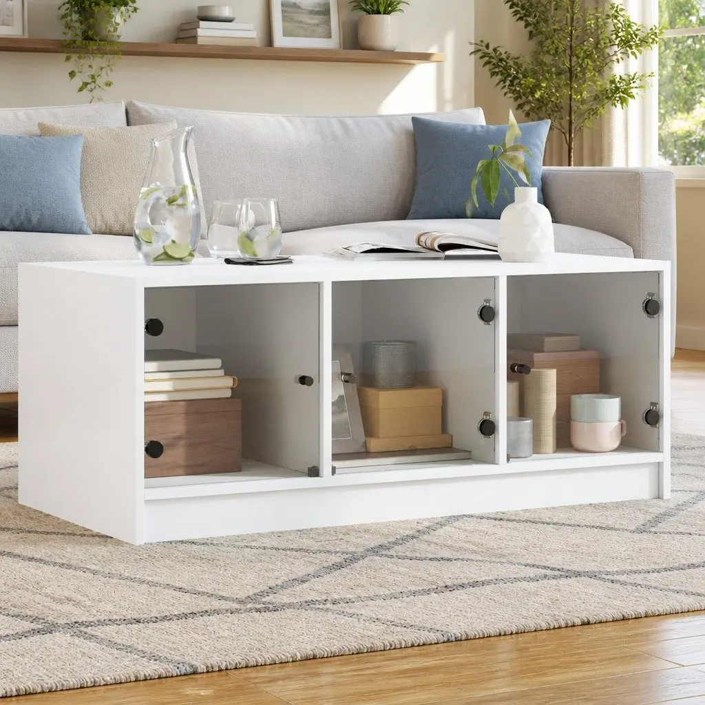 Coffee Table White 102L x 50W x 42H cm Glass Doors Storage Display Living Room Furniture