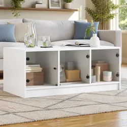 Concise White Coffee Table with Glass Door Storage