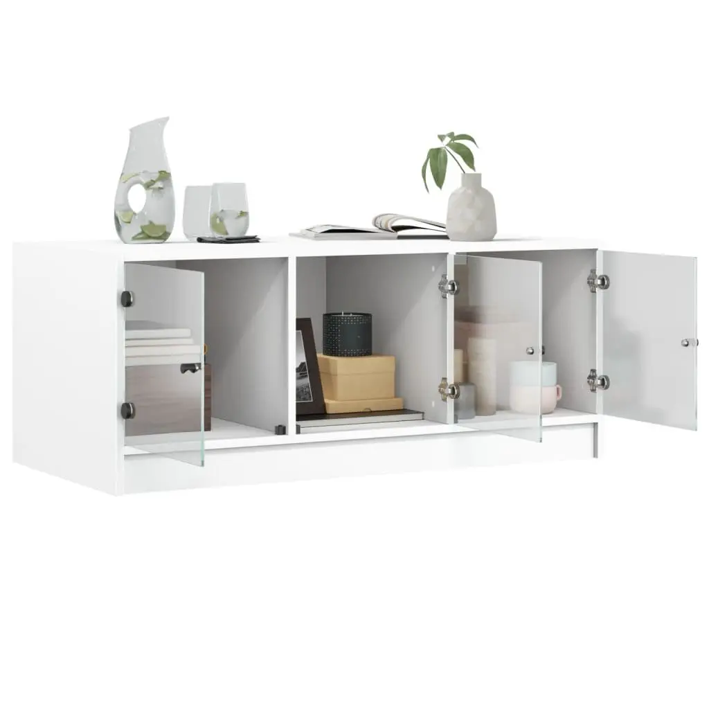 Coffee Table White 102L x 50W x 42H cm Glass Doors Storage Display Living Room Furniture
