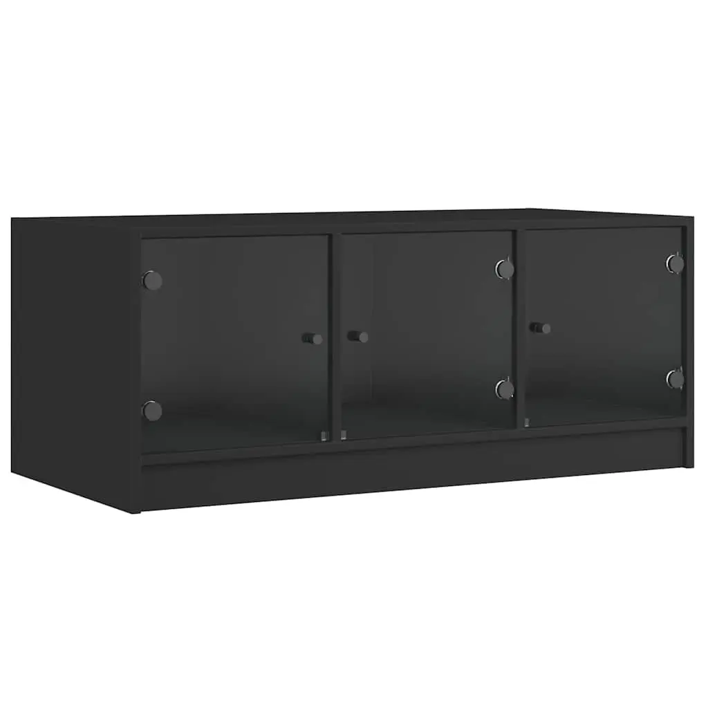 Black Coffee Table Engineered Wood Glass Doors Storage Living Room Furniture