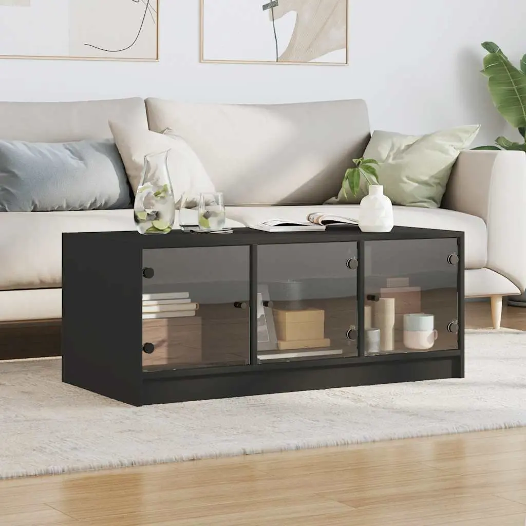 Black Coffee Table Engineered Wood Glass Doors Storage Living Room Furniture