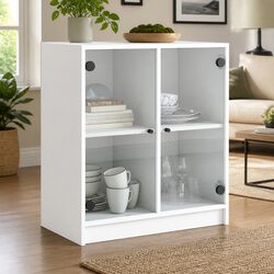 Side Cabinet Glass Doors White Storage Cupboard Sideboard Furniture 68x37x75.5cm