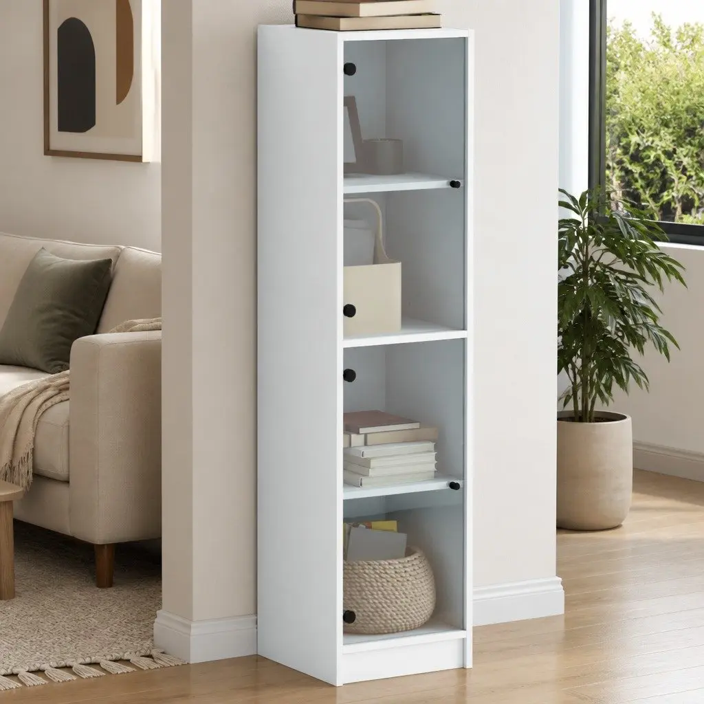 Highboard Storage Cabinet White 35x37x142cm Glass Doors Shelving Unit