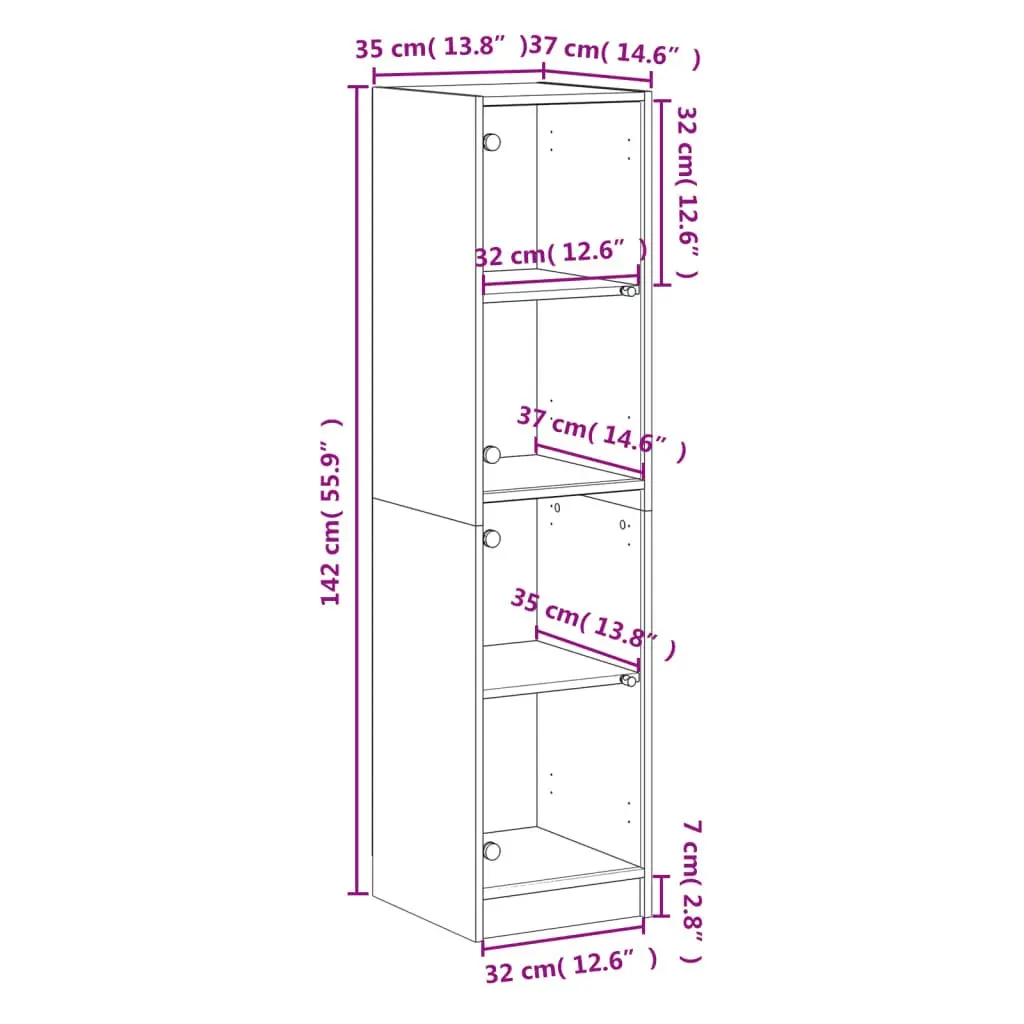 Highboard Storage Cabinet White 35x37x142cm Glass Doors Shelving Unit