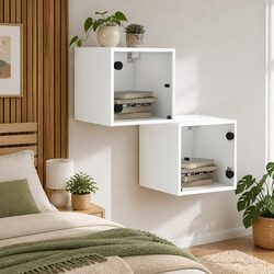 Bedside Cabinet with Glass Doors Wall-Mounted Storage Organiser White 35x37x35cm