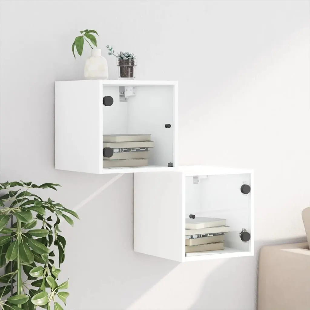 Bedside Cabinet White 35x37x35cm Wall-Mounted Storage Organiser with Glass Doors