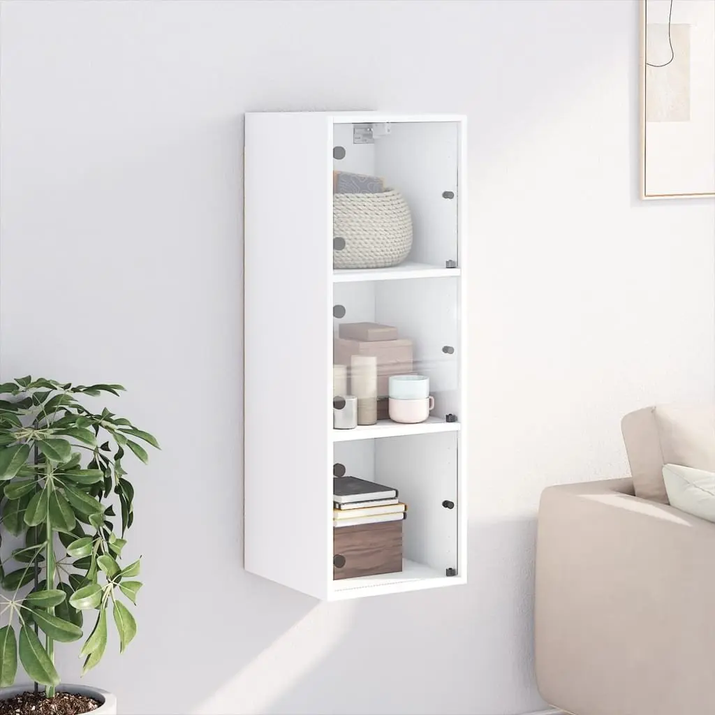 Wall Cabinet White 35x37x100cm Glass Doors Wall-mounted Storage Unit
