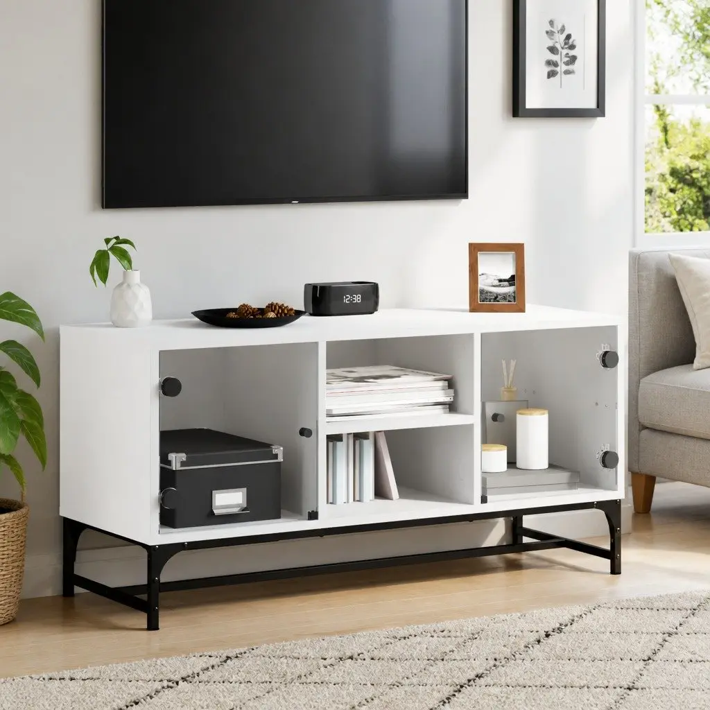 TV Cabinet White 102 x 37 x 50 cm Glass Doors Media Storage Unit