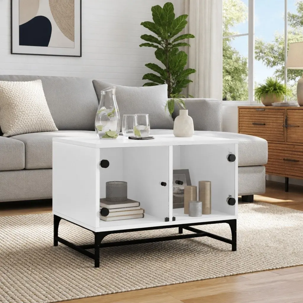 Coffee Table White Engineered Wood Glass Doors Storage Display Living Room 685x50x50cm