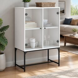 Side Cabinet with Glass Doors White Storage Furniture Buffet Sideboard Display