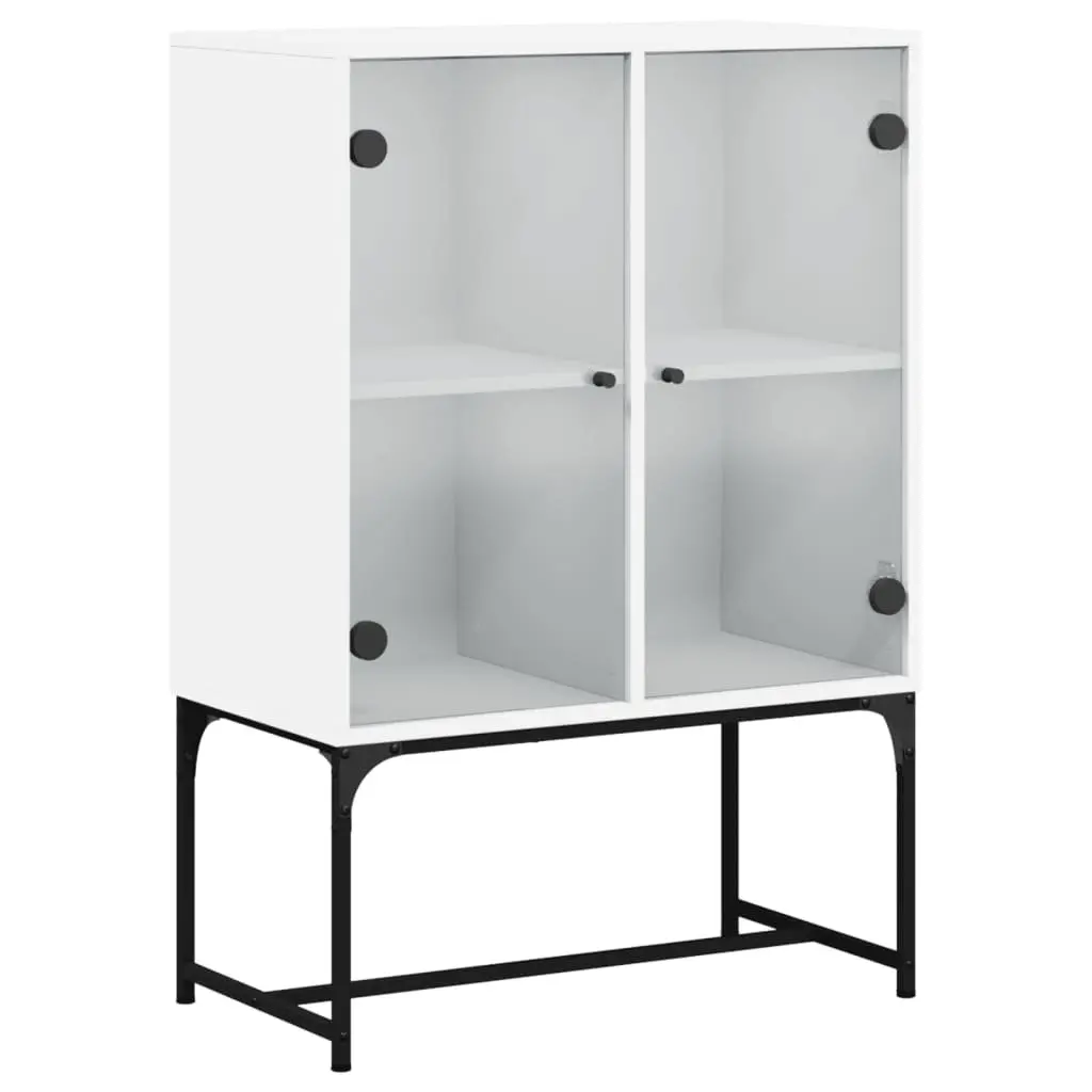 Side Cabinet White Engineered Wood Glass Doors Storage Display Furniture