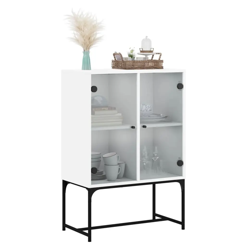 Side Cabinet White Engineered Wood Glass Doors Storage Display Furniture