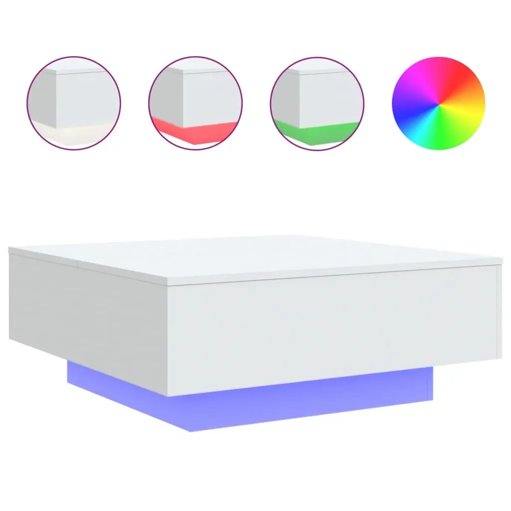 Coffee Table White 80x80cm RGB LED Lights Adjustable Feature