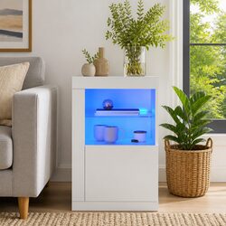 Compact White Side Cabinet with RGB Lights and Glass Shelf