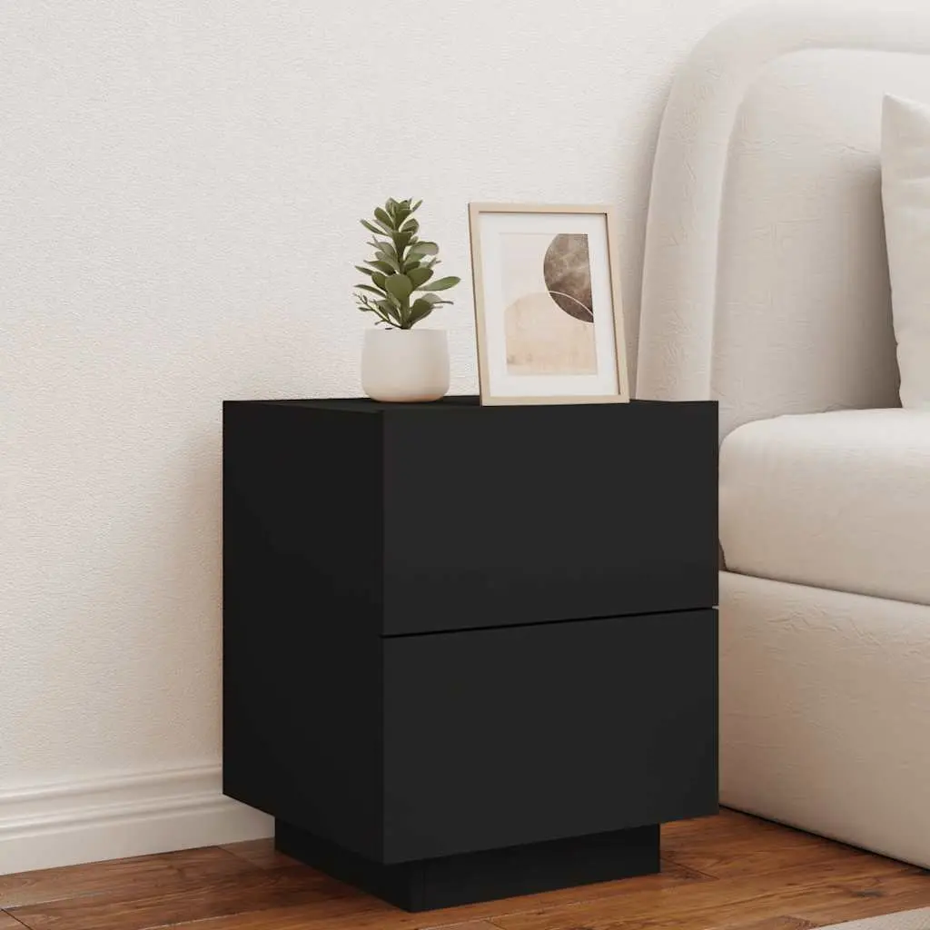 Bedside Cabinet Black 2 Drawer RGB LED Lights Storage Nightstand