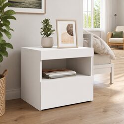 Bedside Cabinet with RGB LED Lights White Modern Bedroom Storage Table