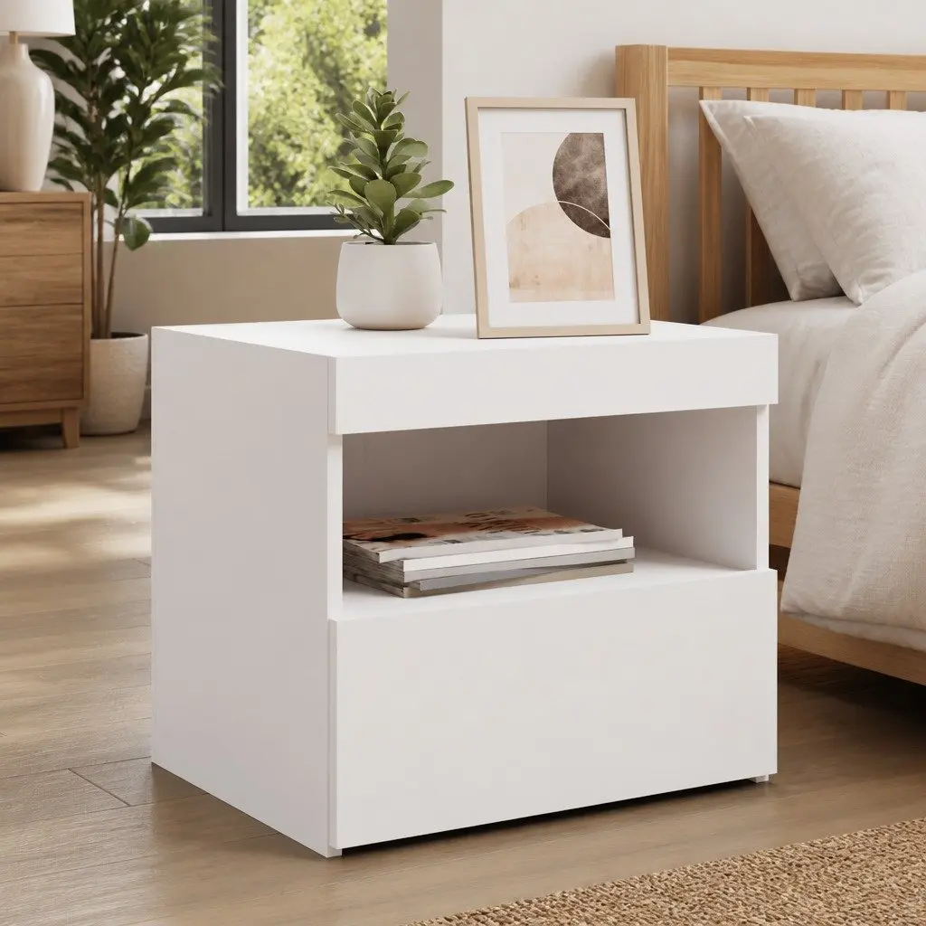 Bedside Table White 50W x 40D x 45H cm Modern Storage Cabinet with RGB LED Lights 2 pcs