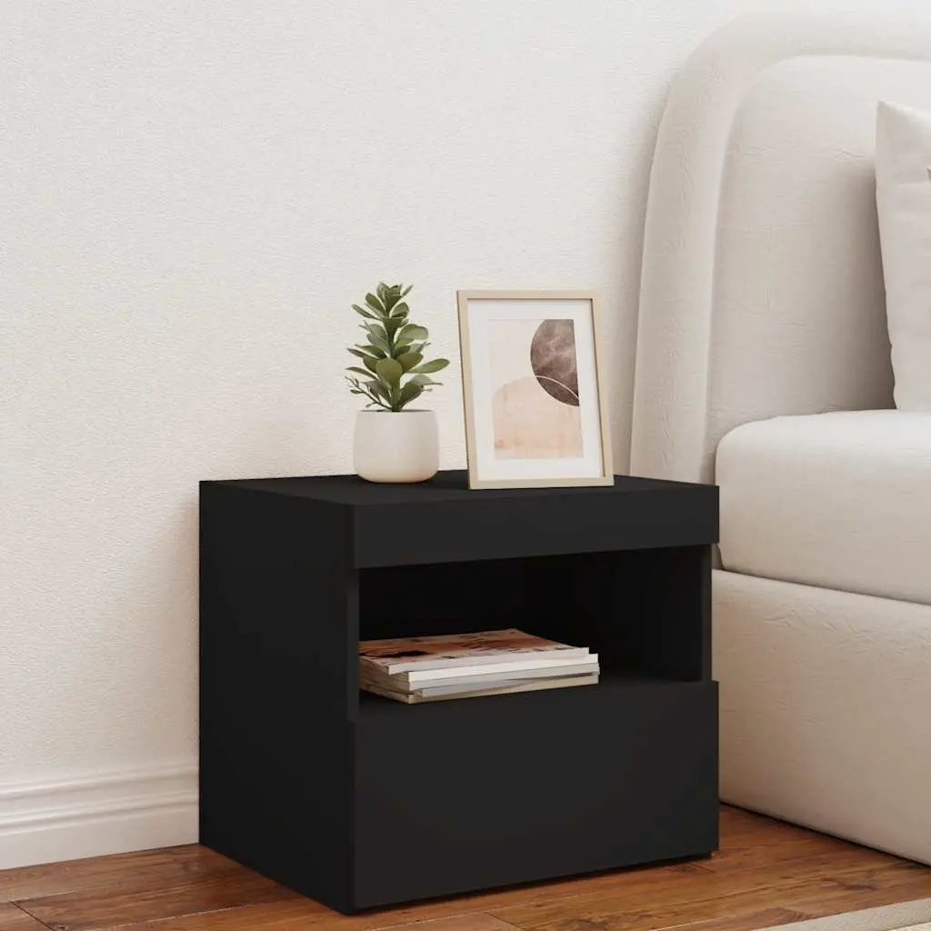 Bedside Cabinet Black Modern with RGB LED Lights Adjustable Ambiance